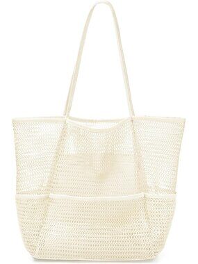 Women's Beige Mesh Beach Tote Bag Large Foldable Swimming Bag with Pockets